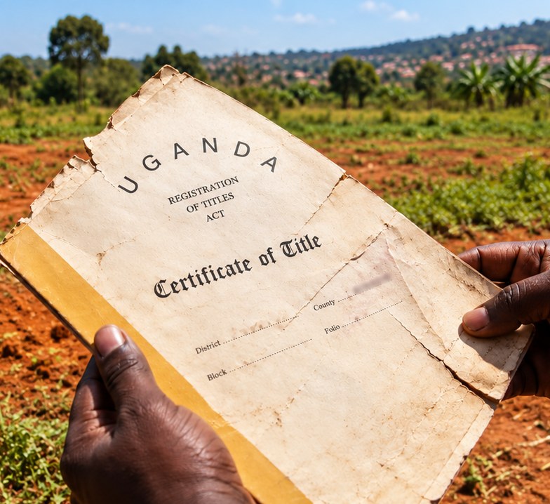 A Ugandan certificate of title held up on a plot of land